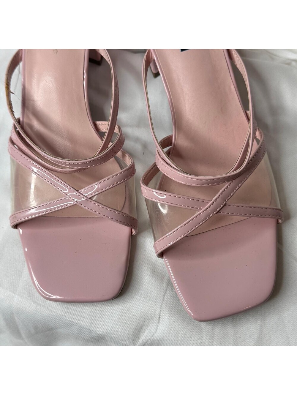 Black Rivet Heels Womens 10M Pink Block Heel Sandals Clear Strap Square Toe